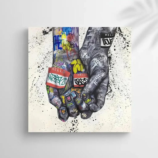Deux mains entrelacées couvertes de graffitis multicolores, ambiance urbaine et dynamique pour salon moderne ou bureau créati