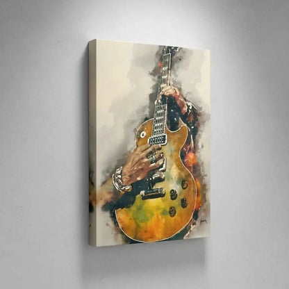 Peinture de guitare électrique aux nuances dorées et noires, ambiance musicale et énergique pour salon moderne.