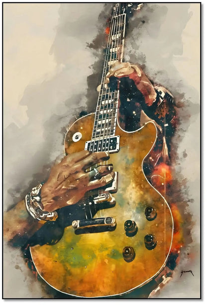 Peinture de guitare électrique aux nuances dorées et noires, ambiance musicale et énergique pour salon moderne.