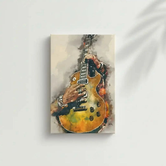 Peinture de guitare électrique aux nuances dorées et noires, ambiance musicale et énergique pour salon moderne.