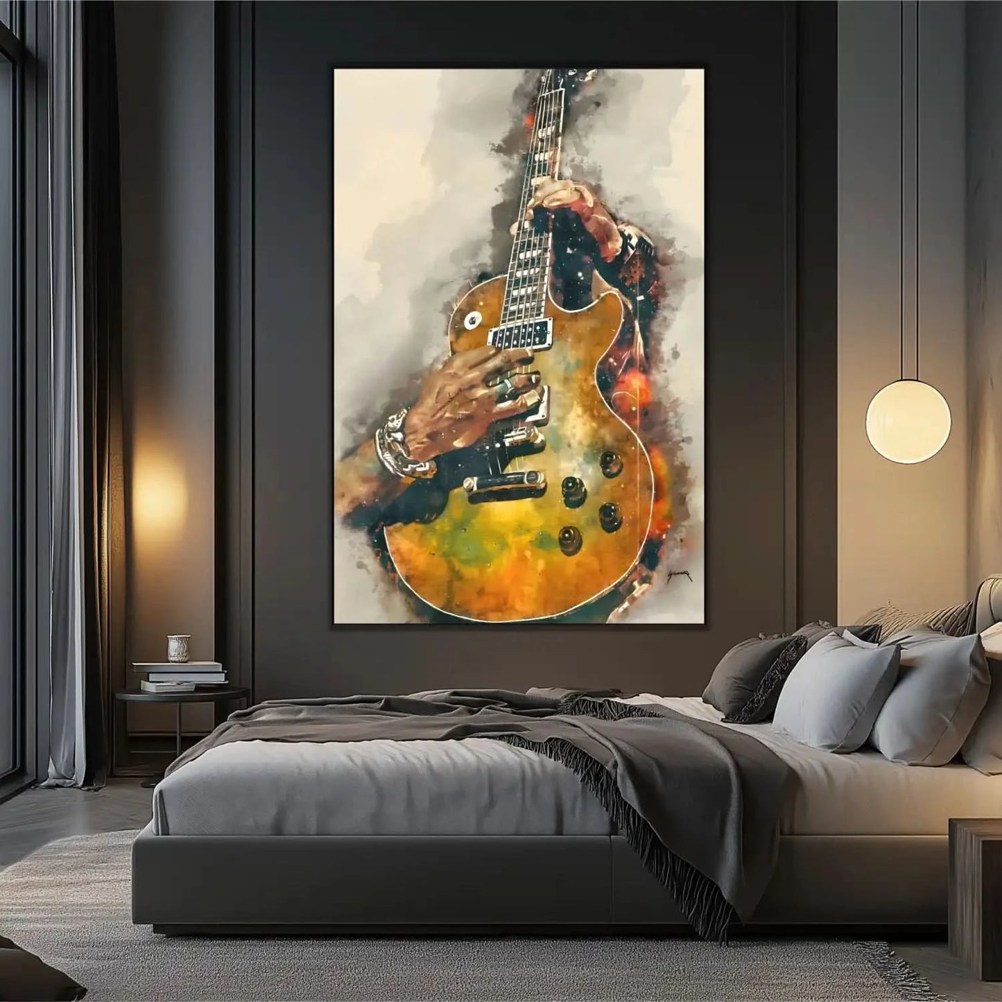 Peinture de guitare électrique aux nuances dorées et noires, ambiance musicale et énergique pour salon moderne.