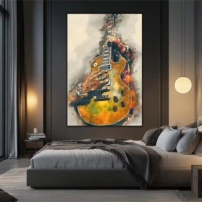 Peinture de guitare électrique aux nuances dorées et noires, ambiance musicale et énergique pour salon moderne.