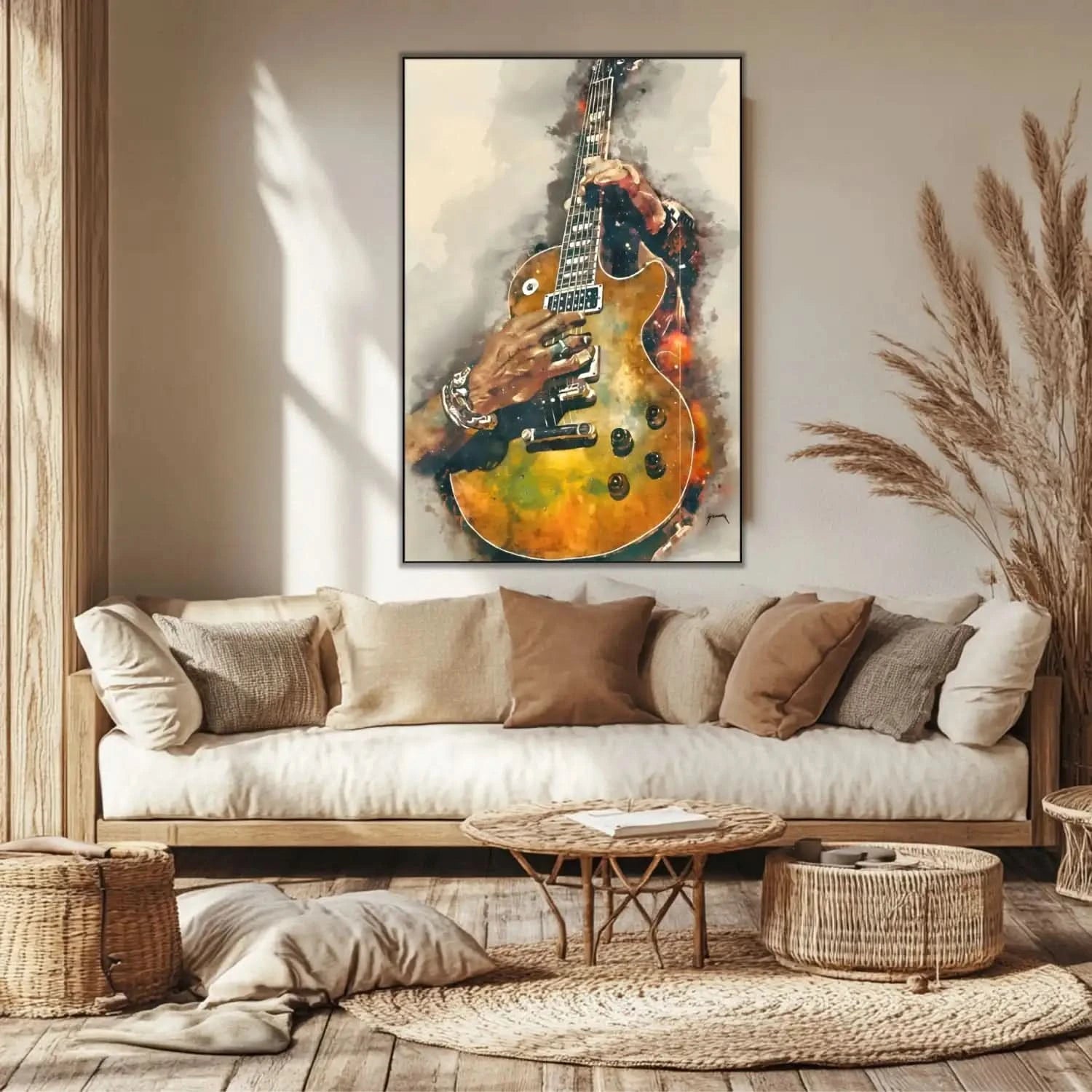 Peinture de guitare électrique aux nuances dorées et noires, ambiance musicale et énergique pour salon moderne.