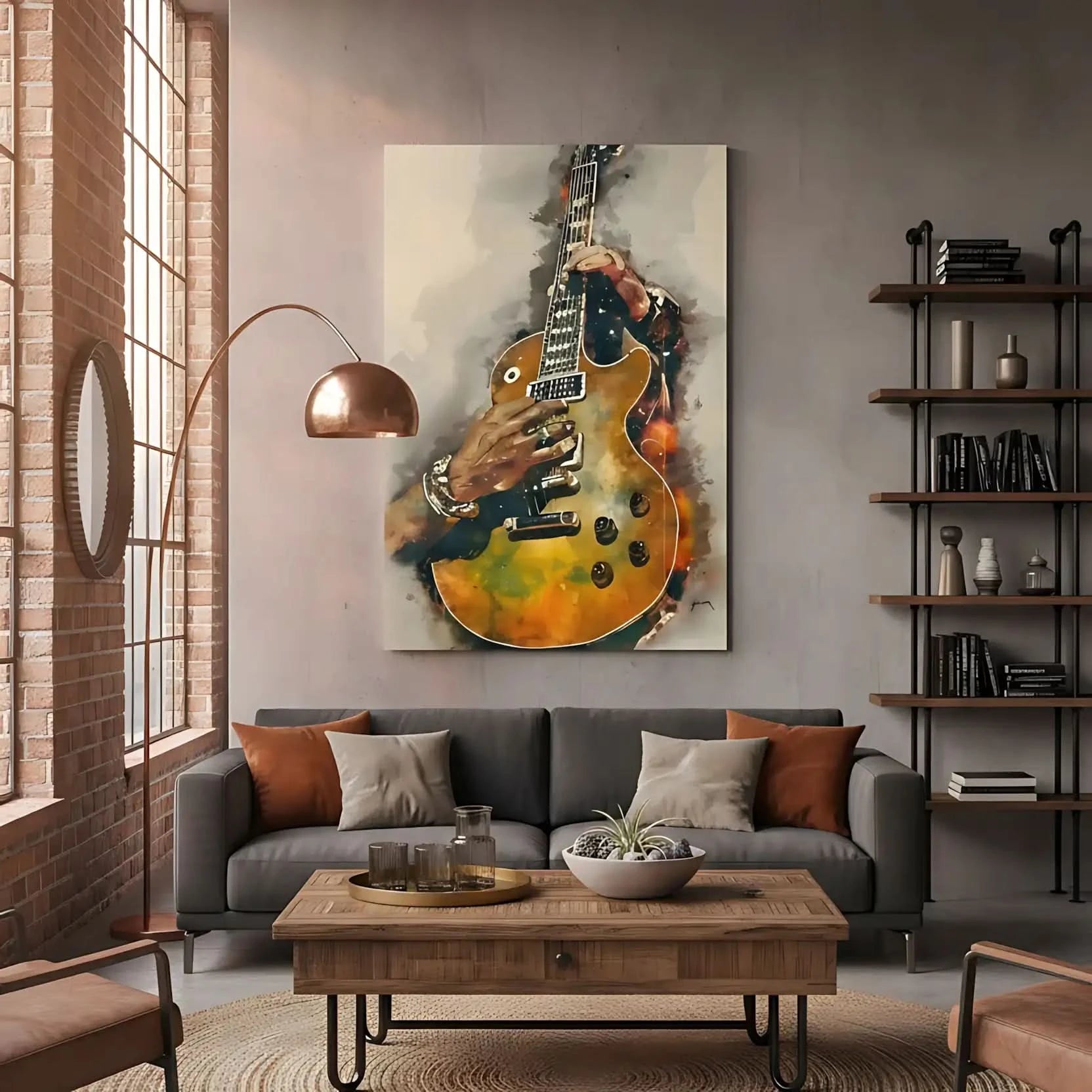 Peinture de guitare électrique aux nuances dorées et noires, ambiance musicale et énergique pour salon moderne.