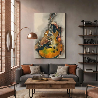 Peinture de guitare électrique aux nuances dorées et noires, ambiance musicale et énergique pour salon moderne.