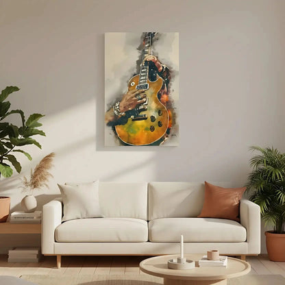 Peinture de guitare électrique aux nuances dorées et noires, ambiance musicale et énergique pour salon moderne.
