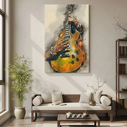 Peinture de guitare électrique aux nuances dorées et noires, ambiance musicale et énergique pour salon moderne.