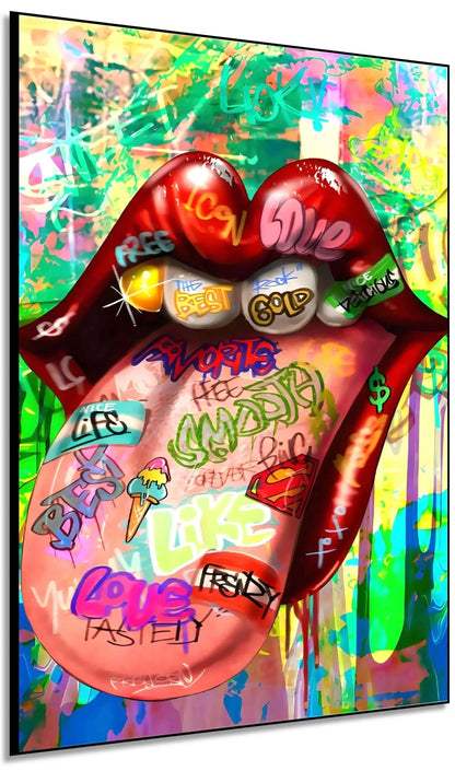 Tableau pop art avec bouche rouge vif et graffitis multicolores, ambiance urbaine et dynamique pour salon moderne.