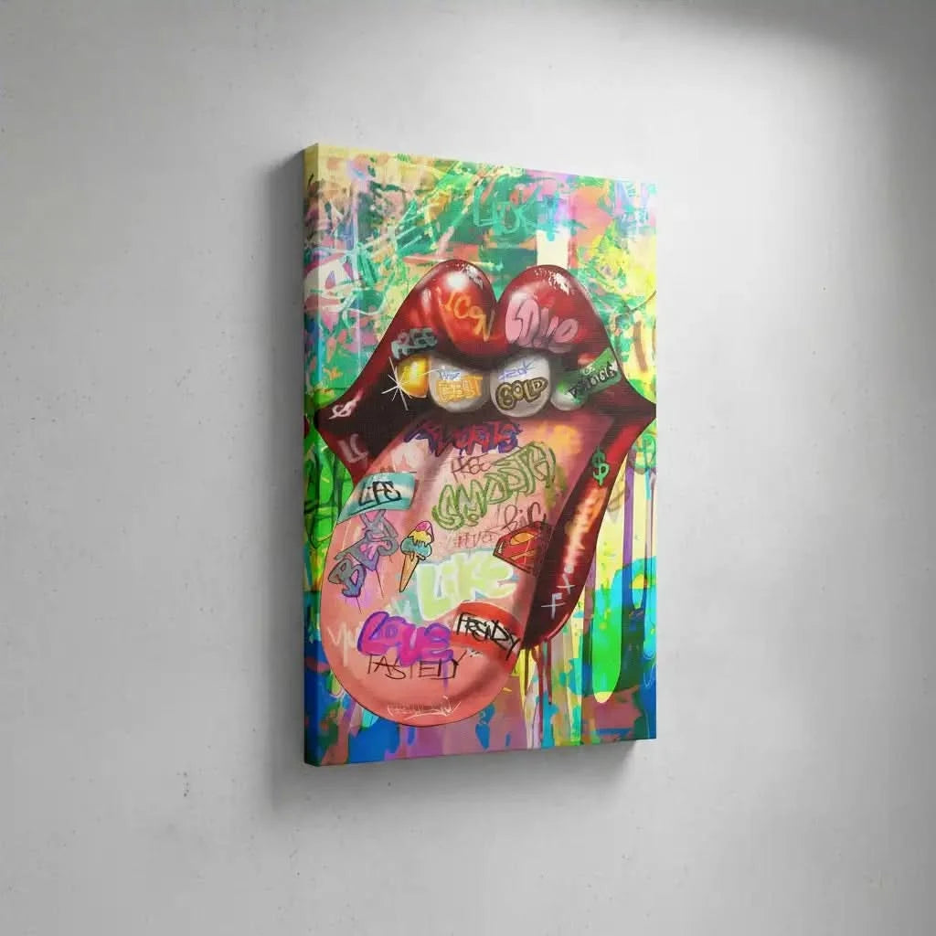 Tableau pop art avec bouche rouge vif et graffitis multicolores, ambiance urbaine et dynamique pour salon moderne.