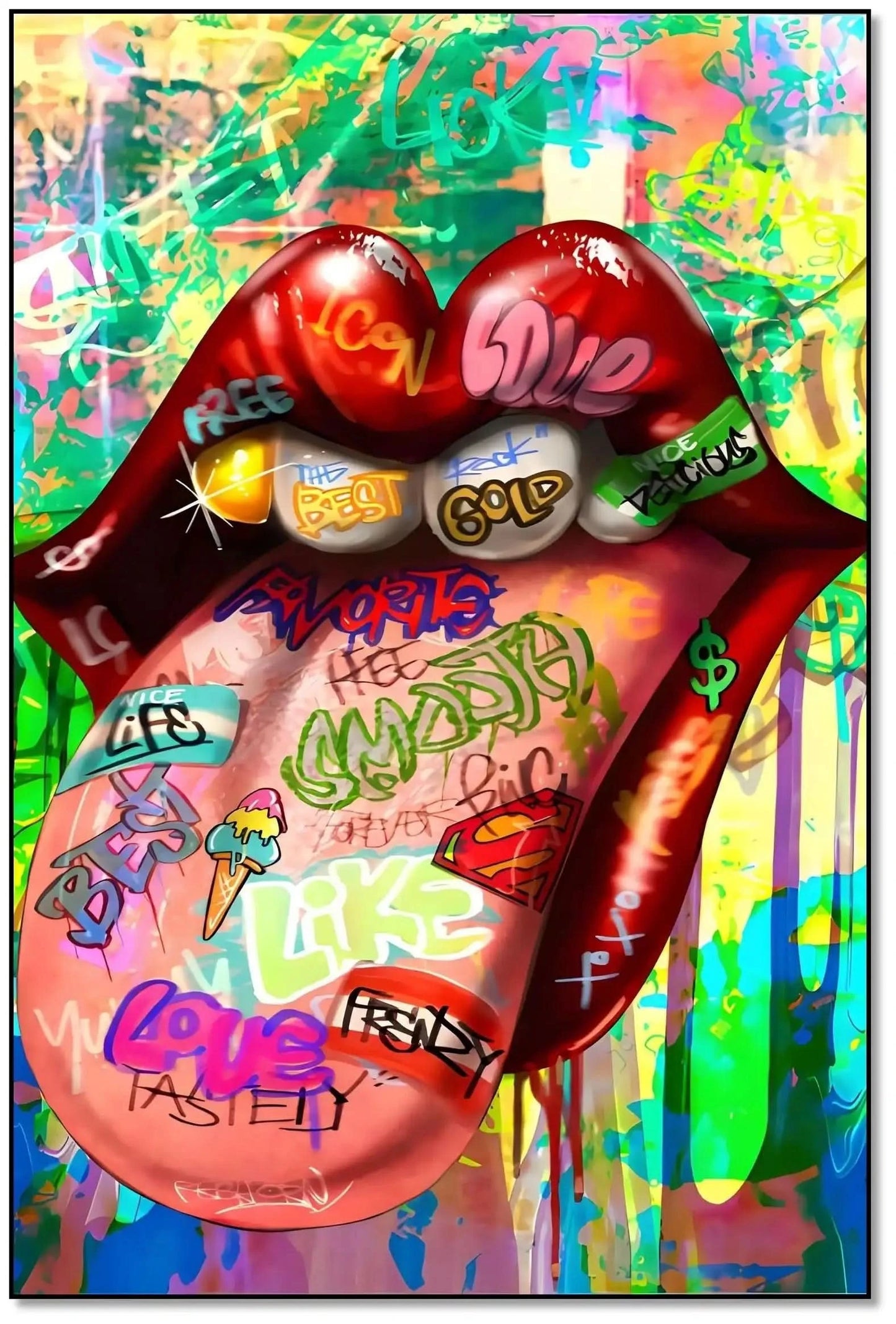 Tableau pop art avec bouche rouge vif et graffitis multicolores, ambiance urbaine et dynamique pour salon moderne.