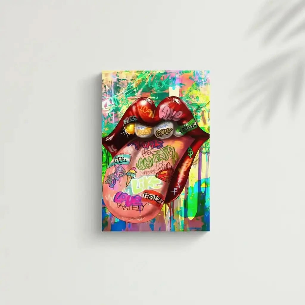 Tableau pop art avec bouche rouge vif et graffitis multicolores, ambiance urbaine et dynamique pour salon moderne.