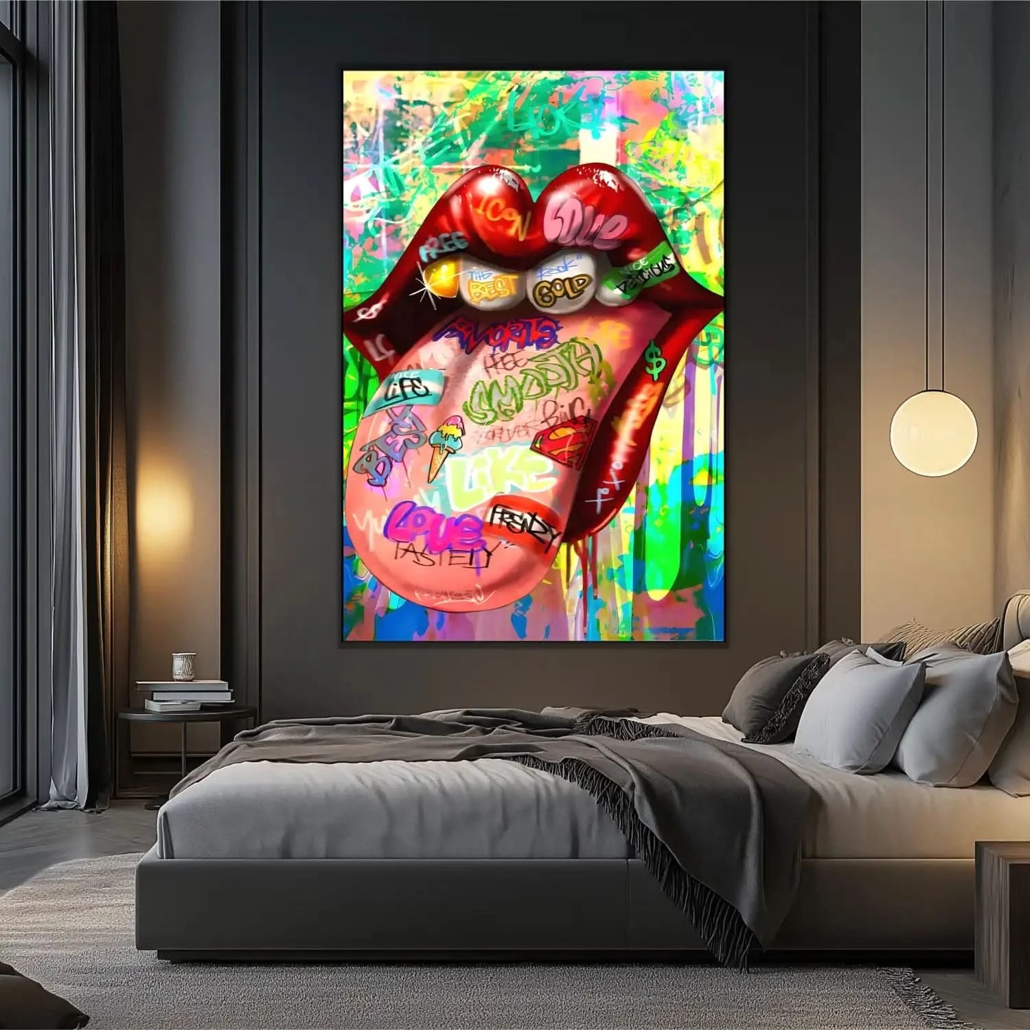 Tableau pop art avec bouche rouge vif et graffitis multicolores, ambiance urbaine et dynamique pour salon moderne.