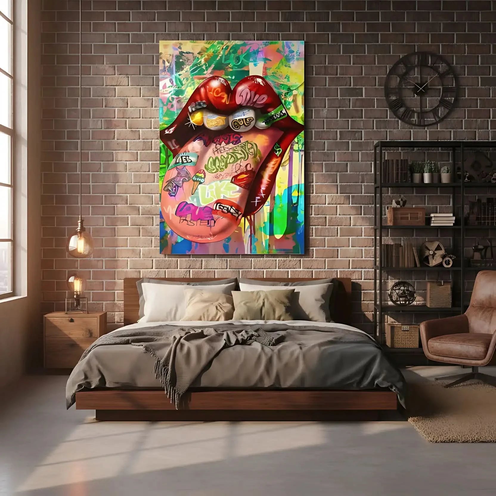 Tableau pop art avec bouche rouge vif et graffitis multicolores, ambiance urbaine et dynamique pour salon moderne.