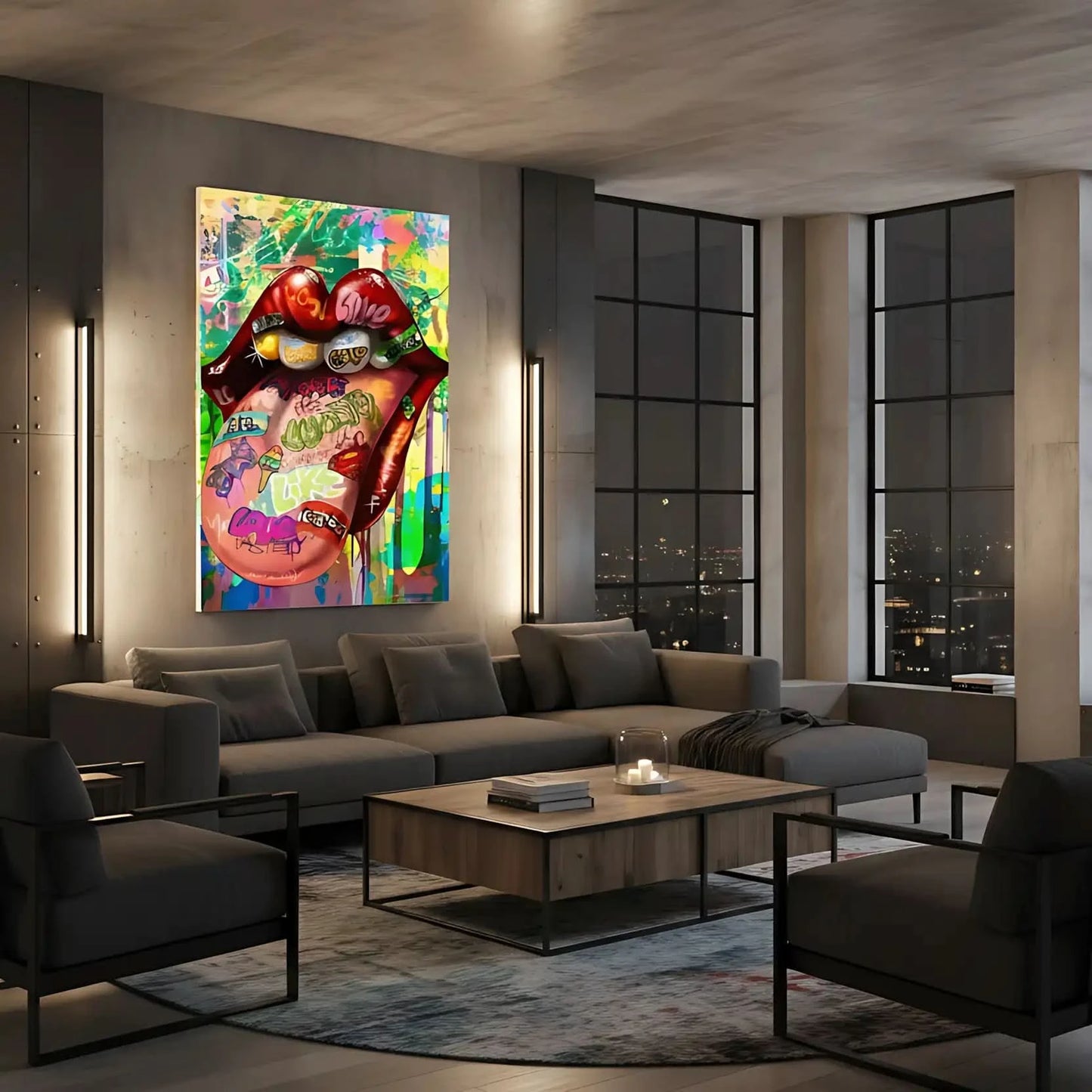 Tableau pop art avec bouche rouge vif et graffitis multicolores, ambiance urbaine et dynamique pour salon moderne.