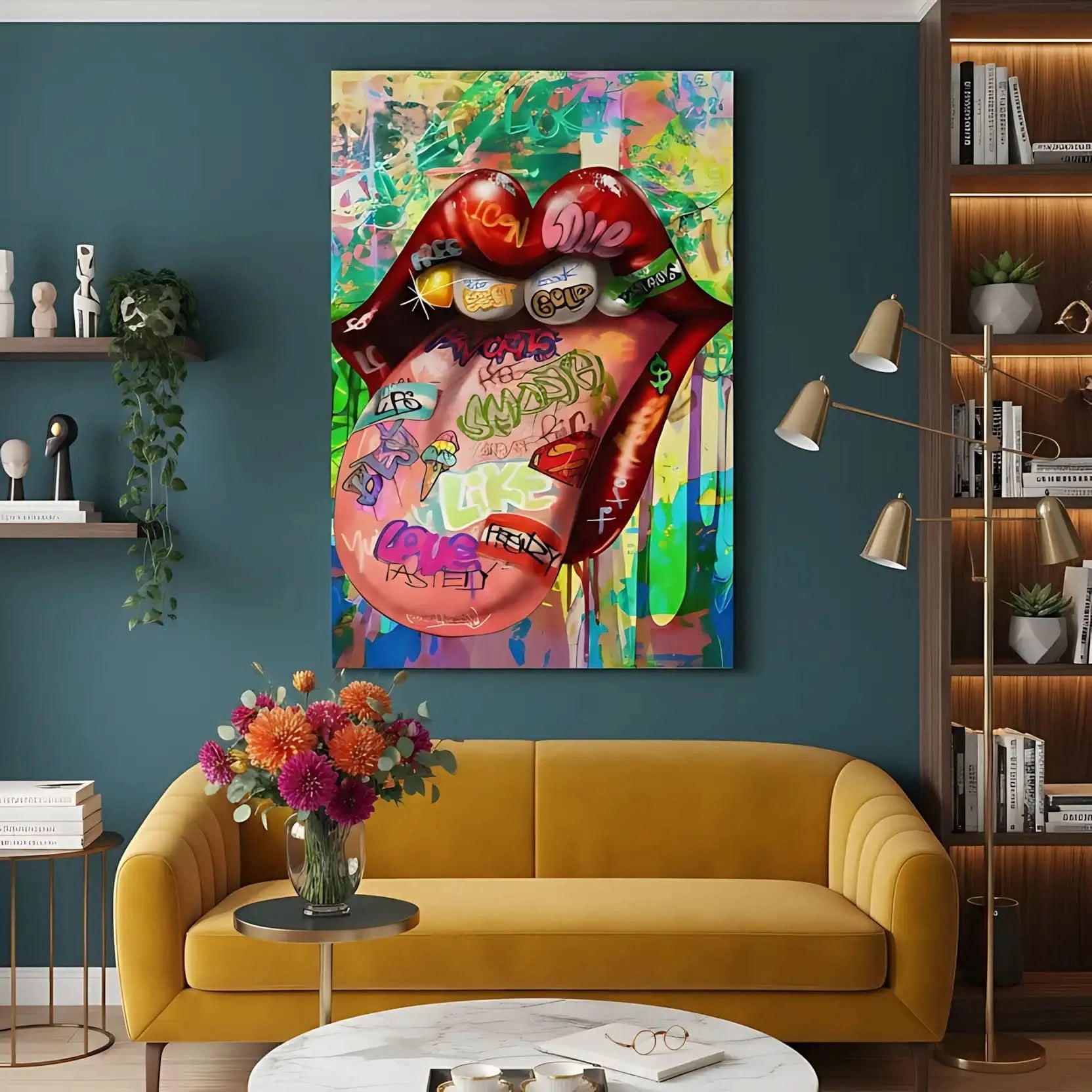 Tableau pop art avec bouche rouge vif et graffitis multicolores, ambiance urbaine et dynamique pour salon moderne.