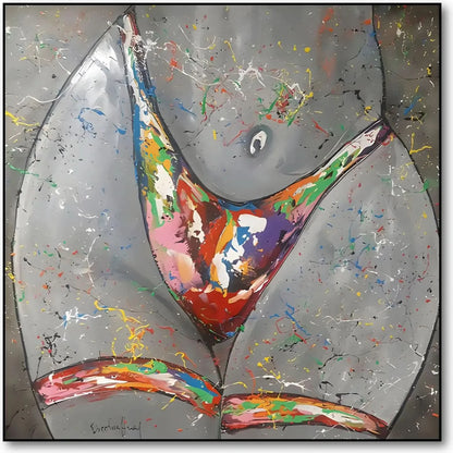 Silhouette féminine stylisée avec éclaboussures multicolores sur fond gris, énergie vibrante pour salon moderne.