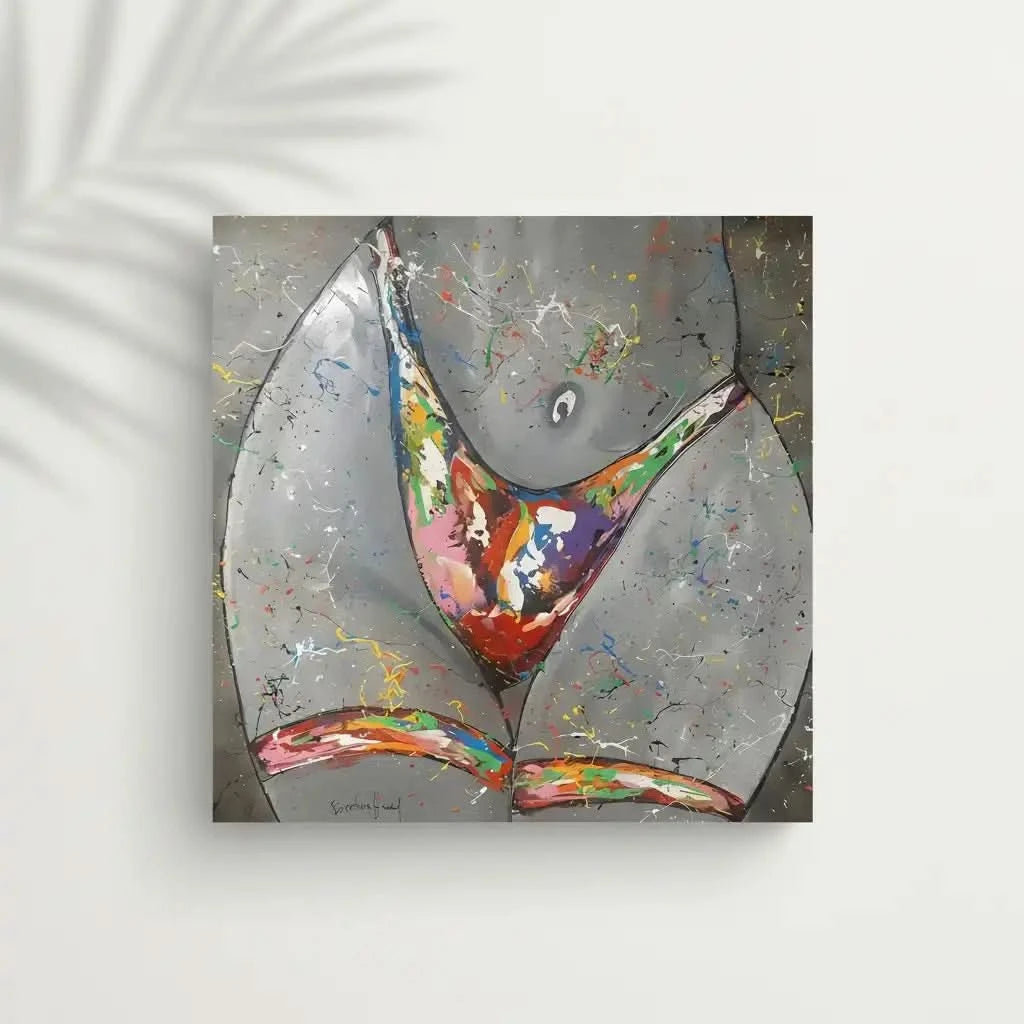 Silhouette féminine stylisée avec éclaboussures multicolores sur fond gris, énergie vibrante pour salon moderne.