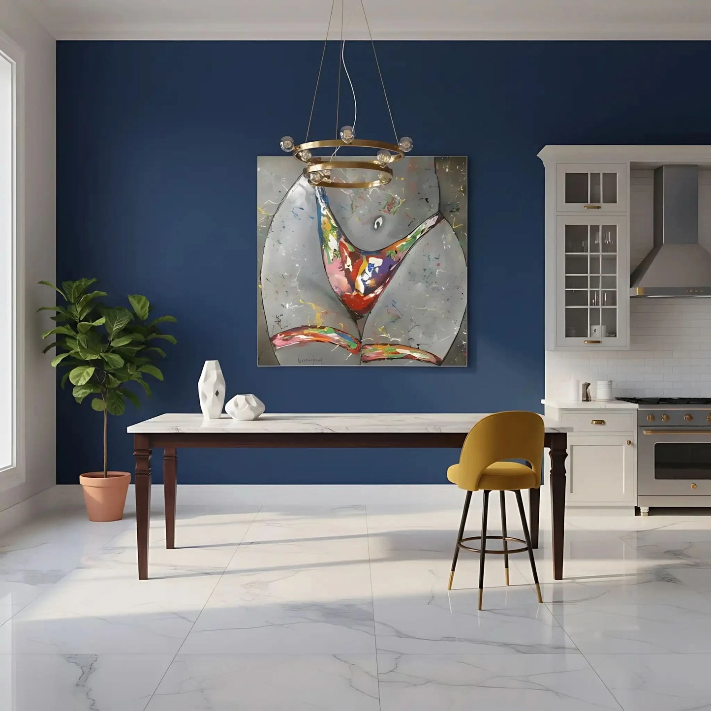 Silhouette féminine stylisée avec éclaboussures multicolores sur fond gris, énergie vibrante pour salon moderne.