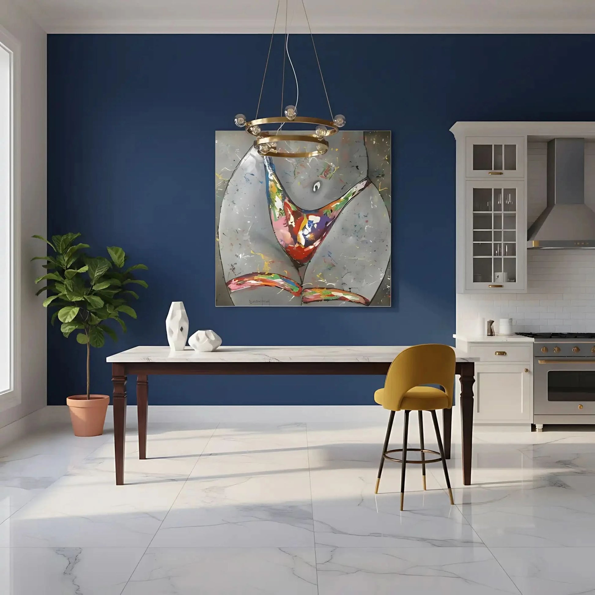 Silhouette féminine stylisée avec éclaboussures multicolores sur fond gris, énergie vibrante pour salon moderne.