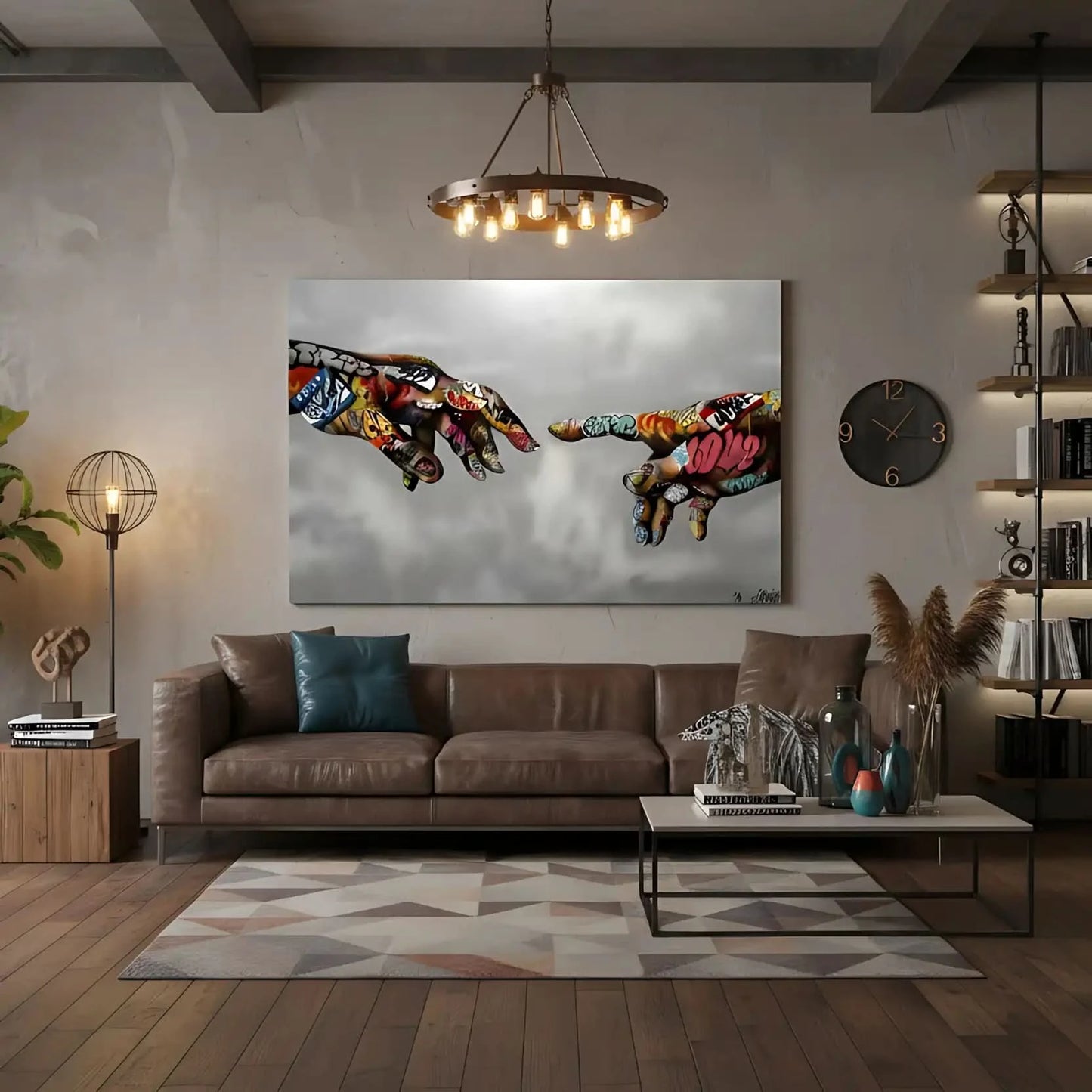 Deux mains recouvertes de graffitis multicolores sur fond gris, ambiance urbaine et moderne pour salon ou bureau.