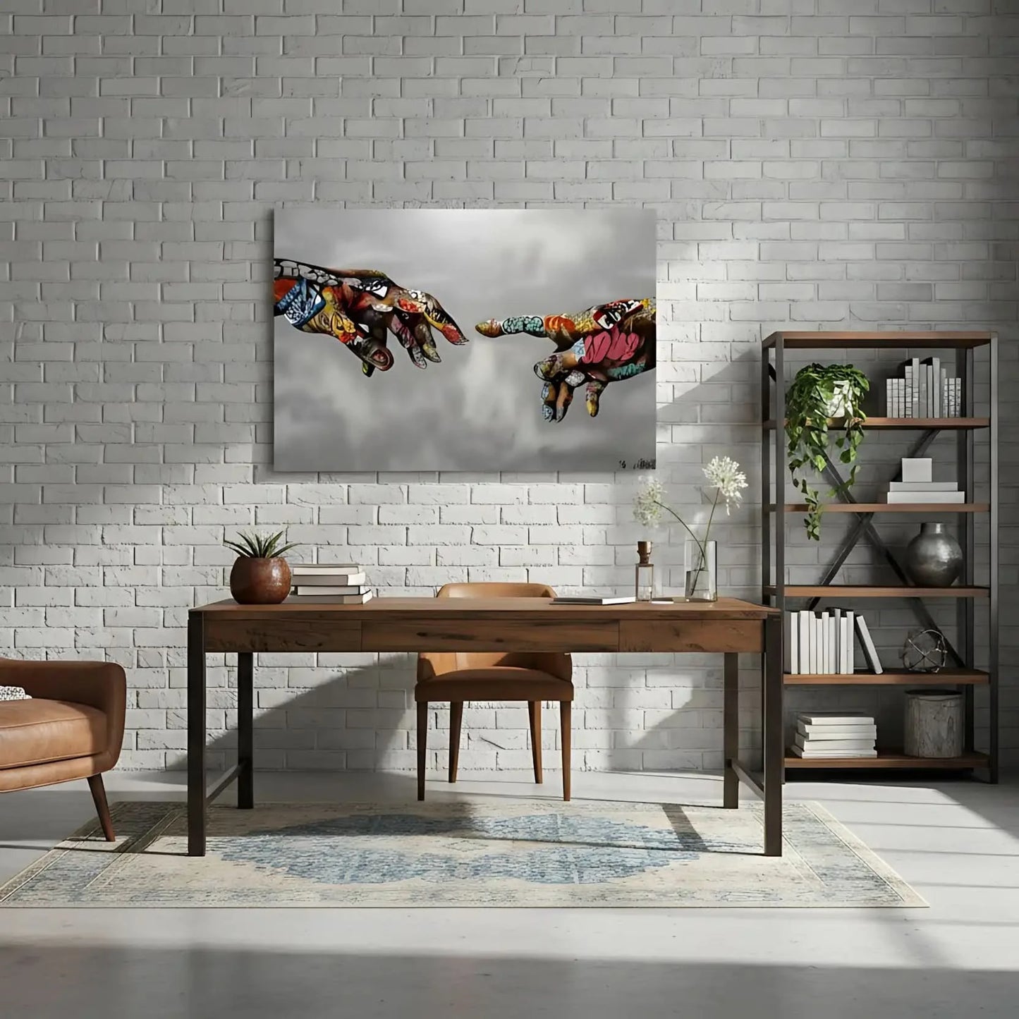 Deux mains recouvertes de graffitis multicolores sur fond gris, ambiance urbaine et moderne pour salon ou bureau.