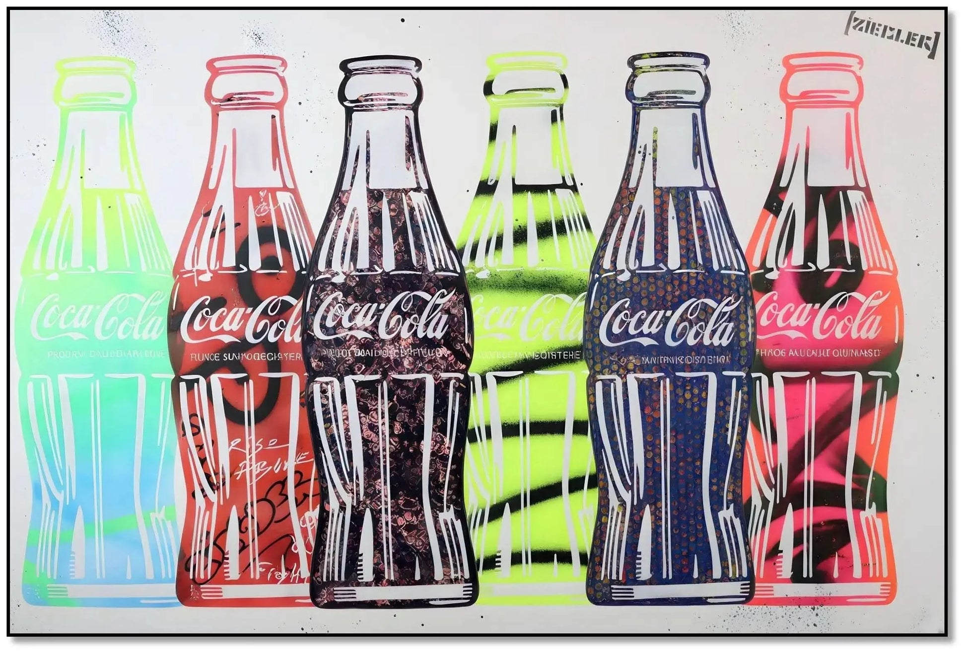 Tableau pop art avec six bouteilles de Coca-Cola colorées, motifs audacieux, ambiance joyeuse pour salon moderne.