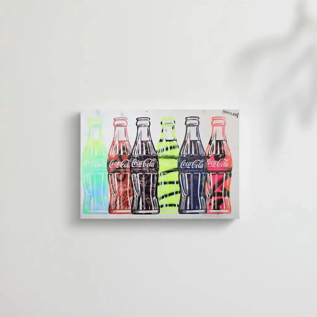 Tableau pop art avec six bouteilles de Coca-Cola colorées, motifs audacieux, ambiance joyeuse pour salon moderne.