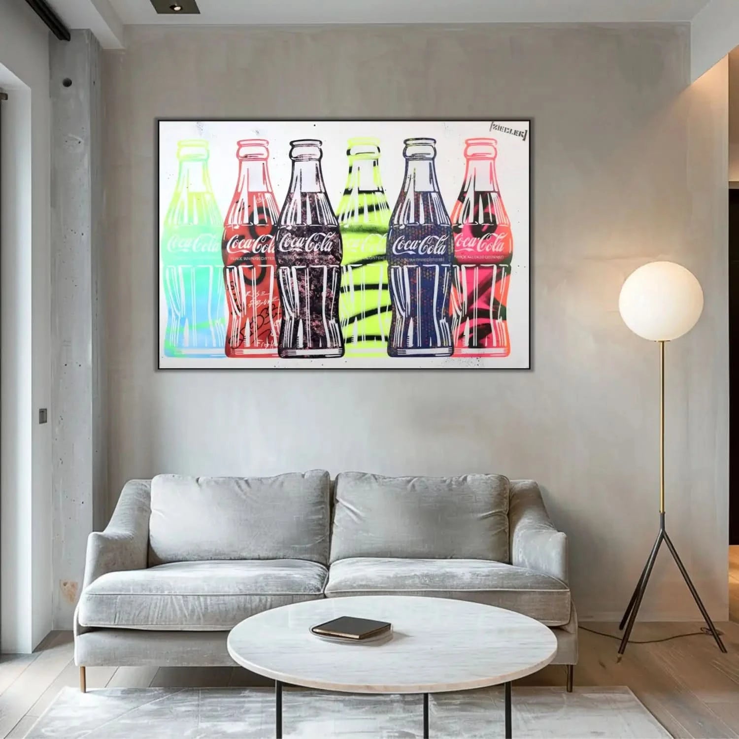 Tableau pop art avec six bouteilles de Coca-Cola colorées, motifs audacieux, ambiance joyeuse pour salon moderne.