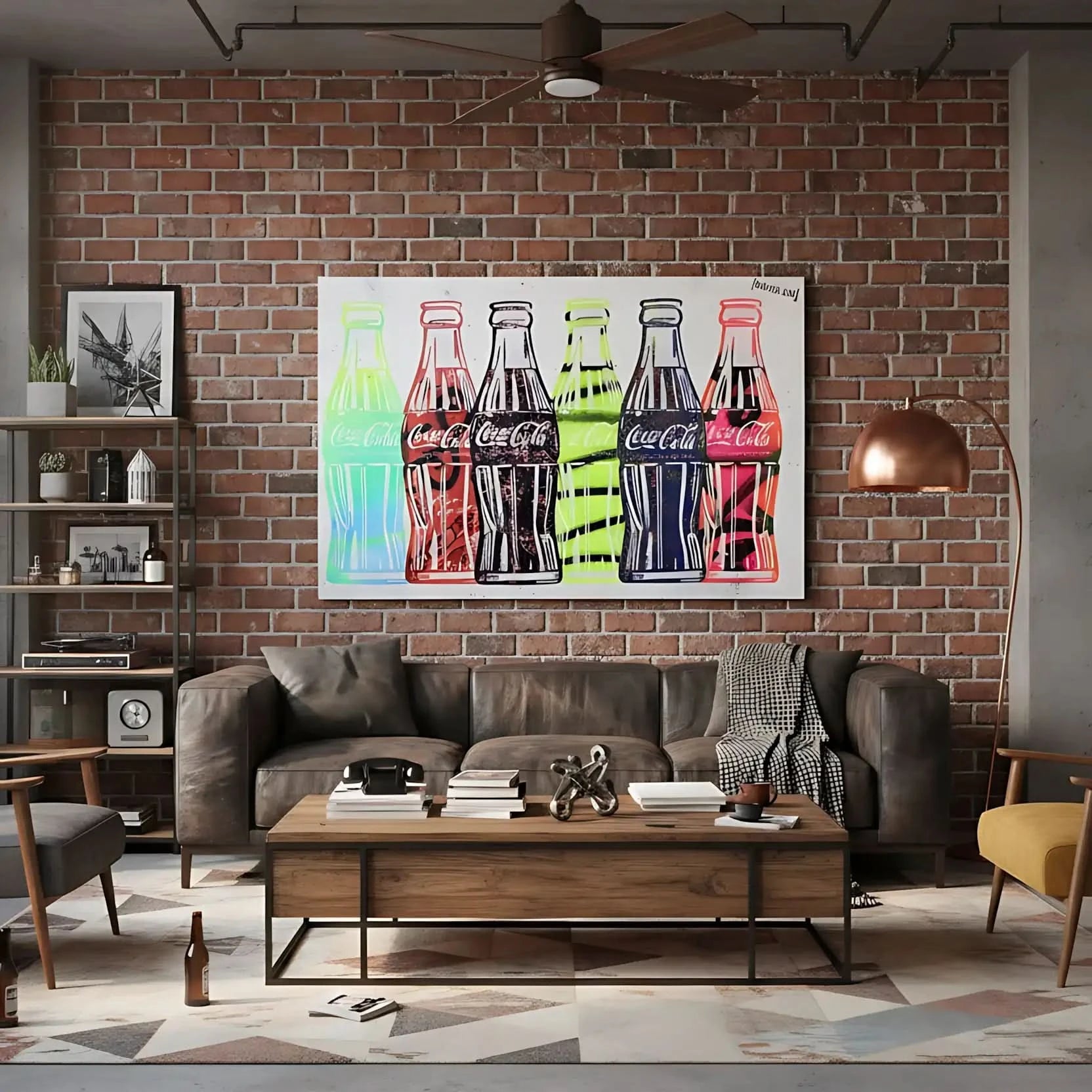 Tableau pop art avec six bouteilles de Coca-Cola colorées, motifs audacieux, ambiance joyeuse pour salon moderne.