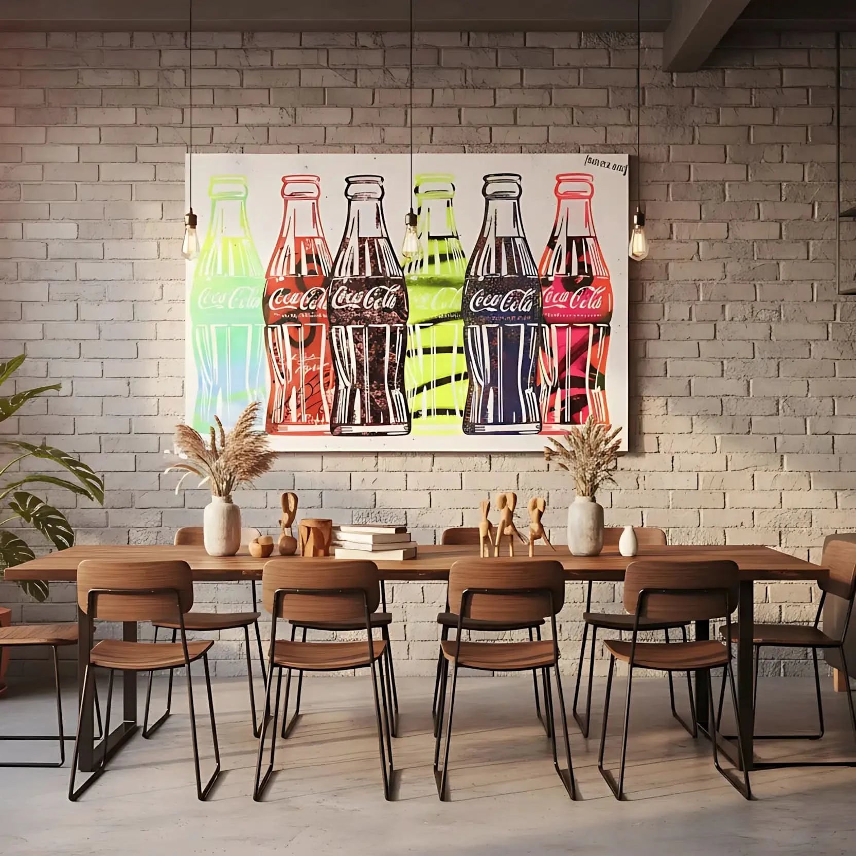 Tableau pop art avec six bouteilles de Coca-Cola colorées, motifs audacieux, ambiance joyeuse pour salon moderne.