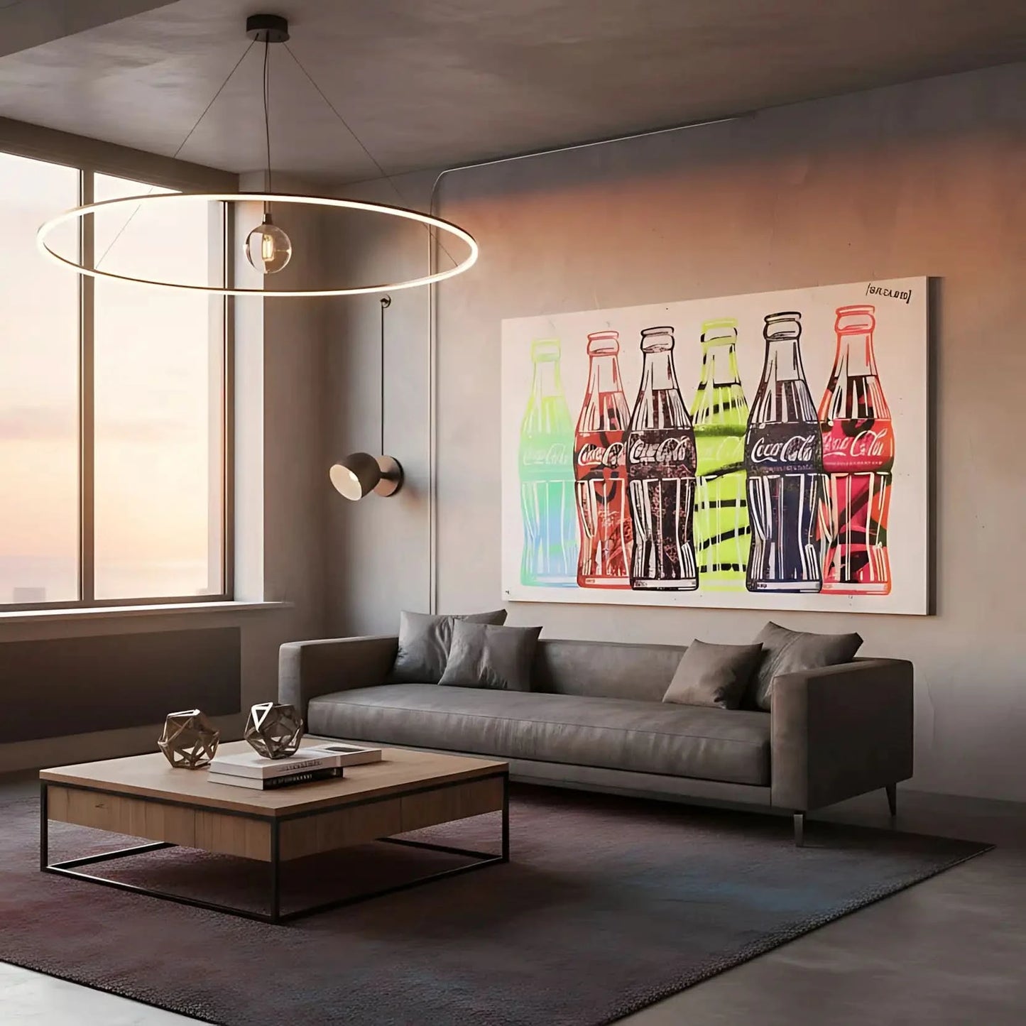 Tableau pop art avec six bouteilles de Coca-Cola colorées, motifs audacieux, ambiance joyeuse pour salon moderne.