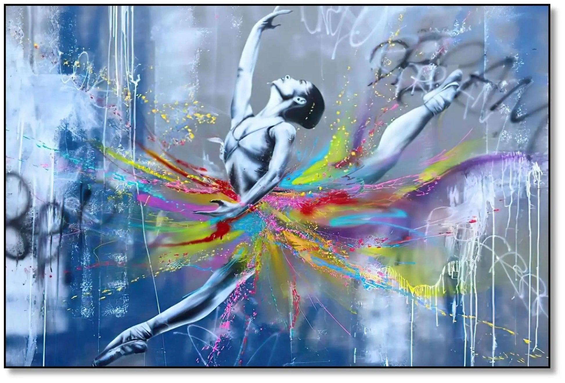 Danseuse en mouvement avec tourbillon de couleurs vives, fond gris et blanc, ambiance dynamique et inspirante pour salon mode