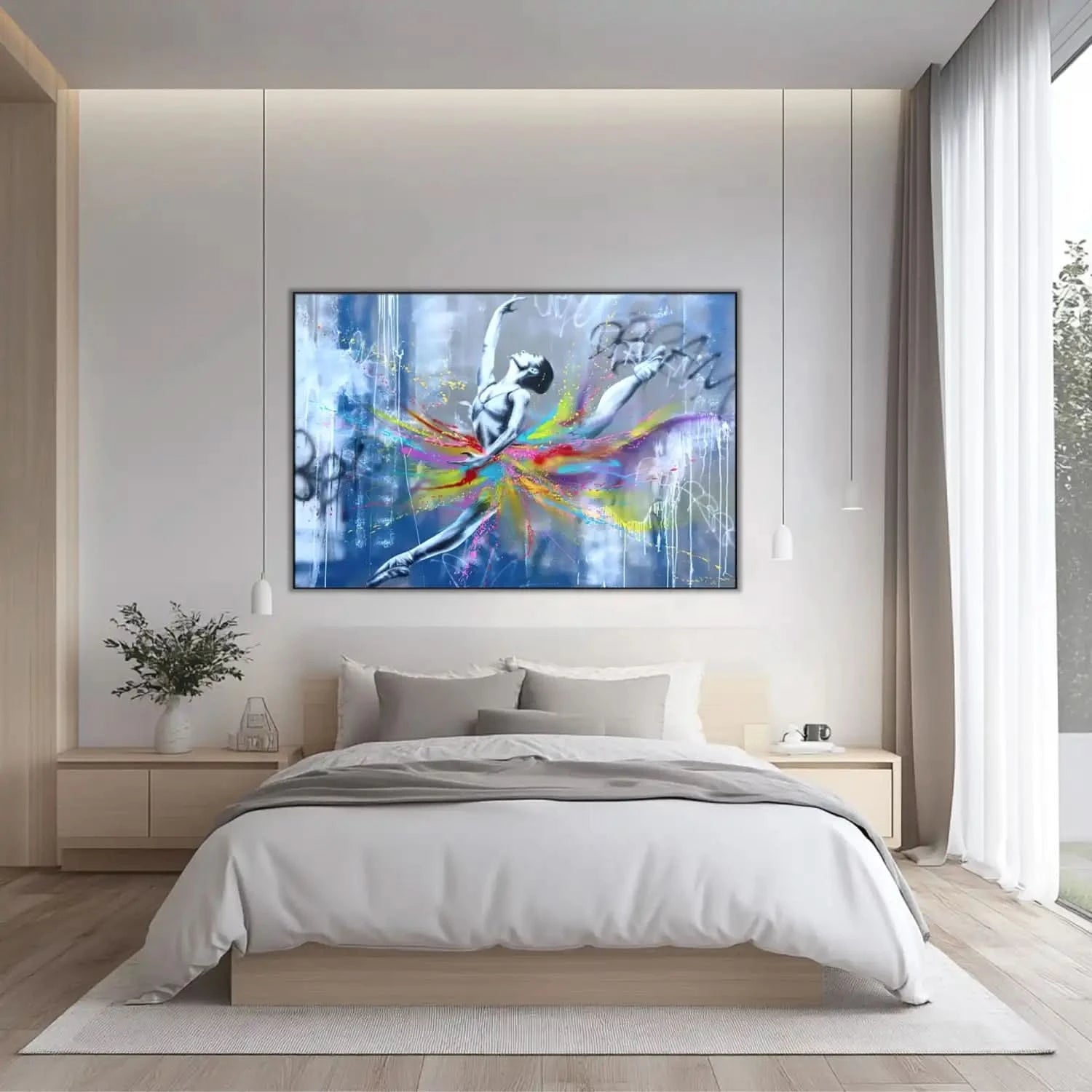 Danseuse en mouvement avec tourbillon de couleurs vives, fond gris et blanc, ambiance dynamique et inspirante pour salon mode