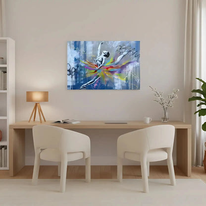 Danseuse en mouvement avec tourbillon de couleurs vives, fond gris et blanc, ambiance dynamique et inspirante pour salon mode