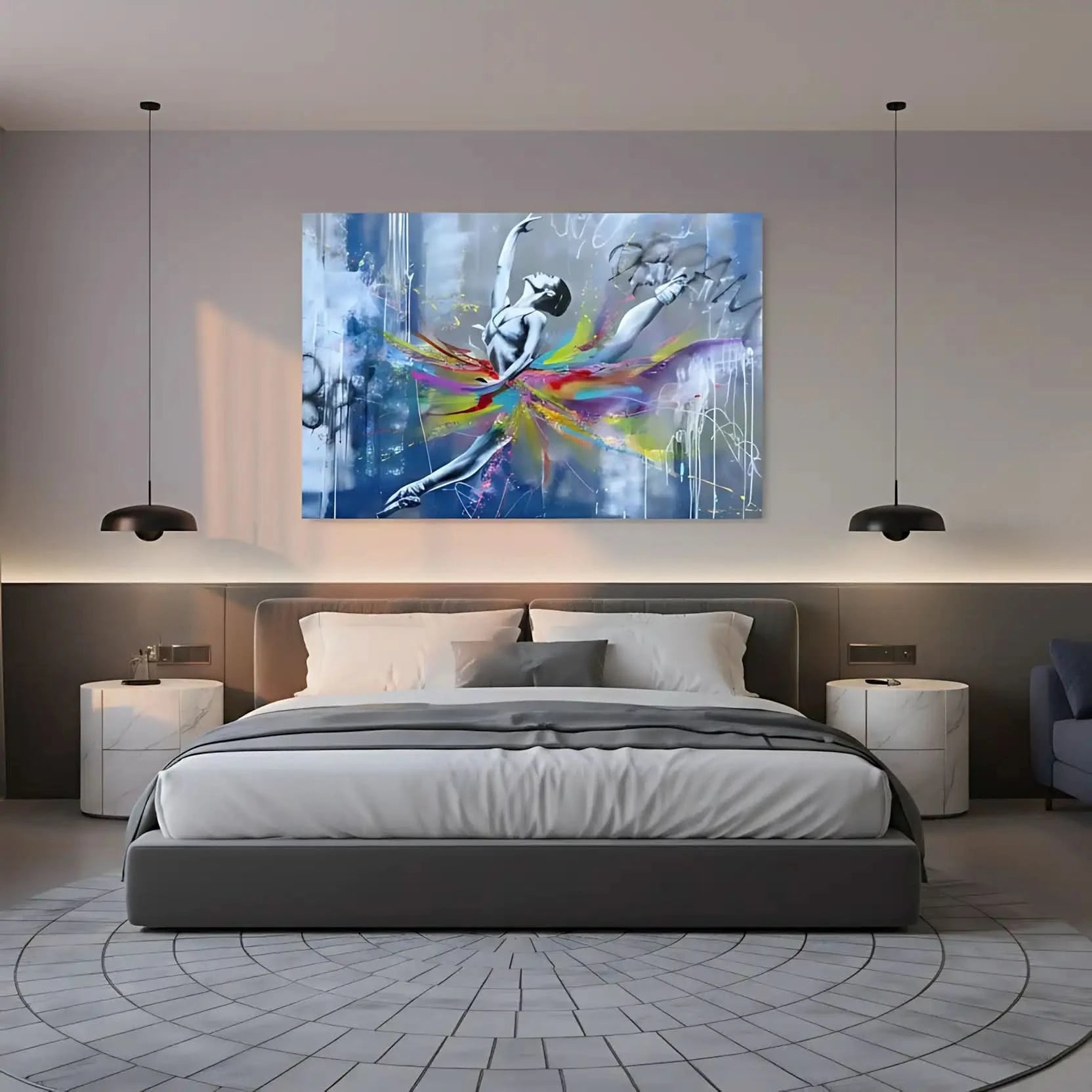 Danseuse en mouvement avec tourbillon de couleurs vives, fond gris et blanc, ambiance dynamique et inspirante pour salon mode