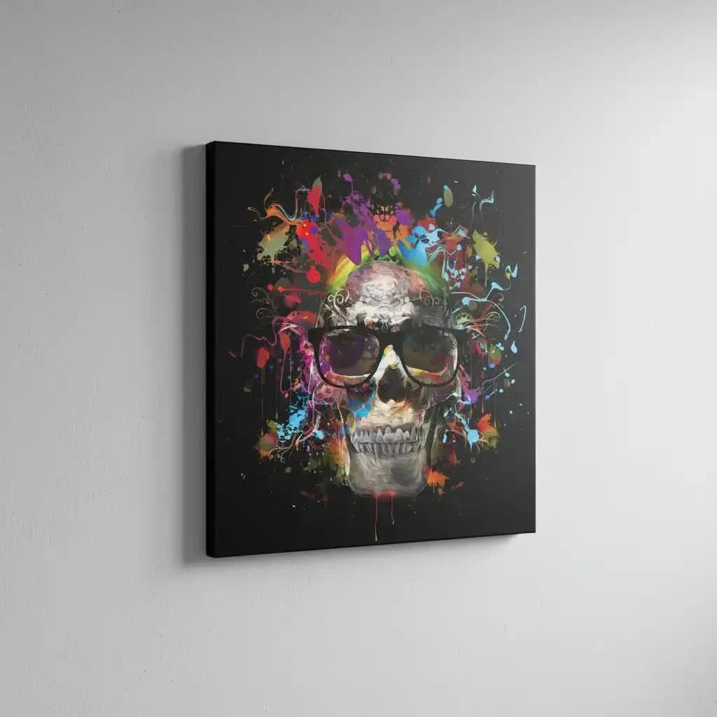 Crâne pop art avec lunettes noires, entouré d'éclaboussures multicolores sur fond noir, ambiance dynamique et moderne.