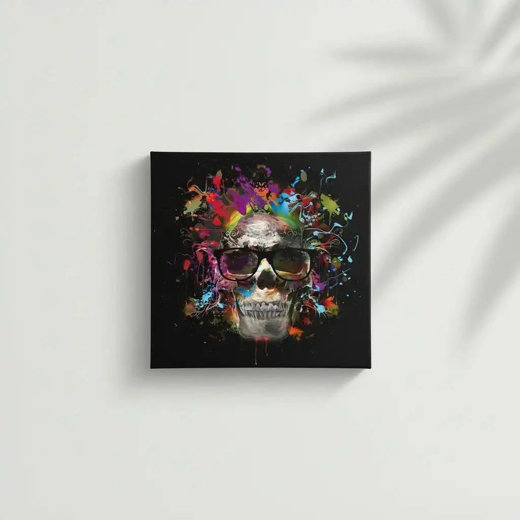 Crâne pop art avec lunettes noires, entouré d'éclaboussures multicolores sur fond noir, ambiance dynamique et moderne.