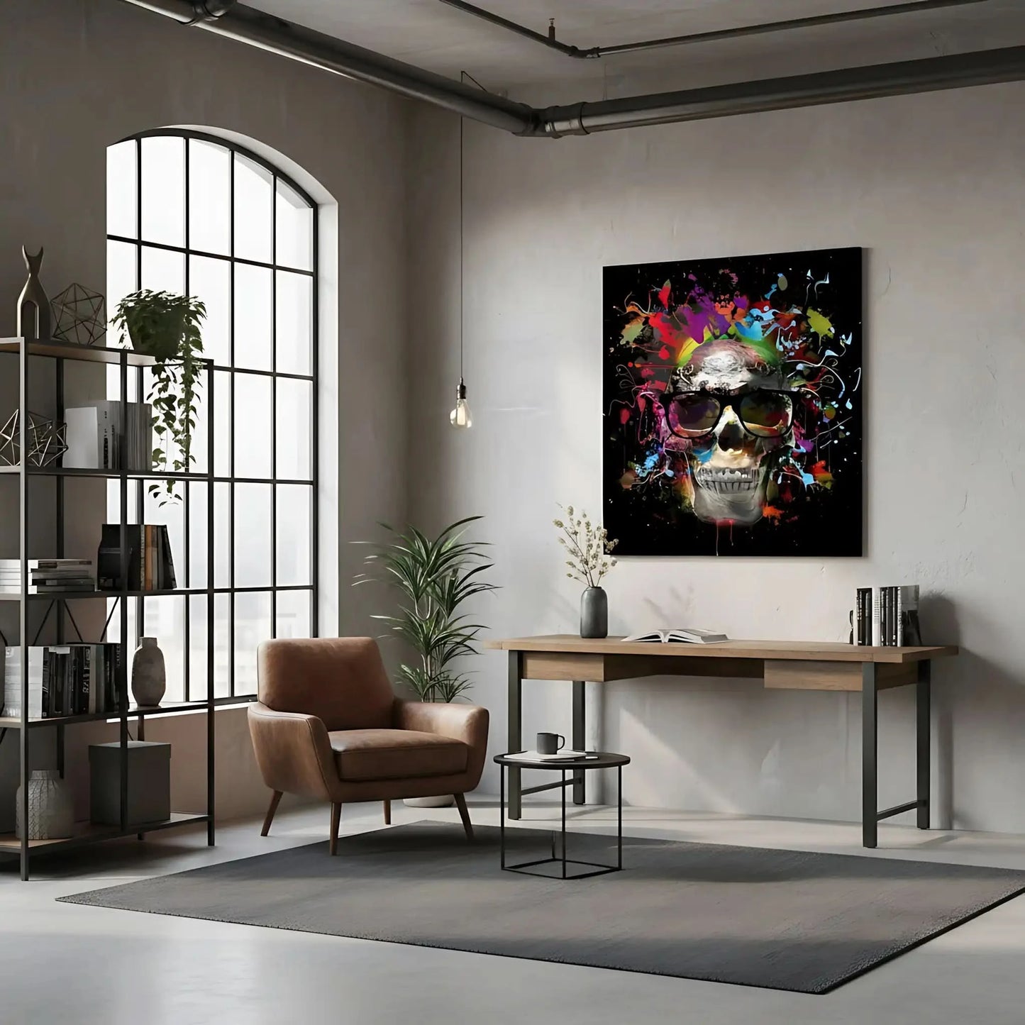 Crâne pop art avec lunettes noires, entouré d'éclaboussures multicolores sur fond noir, ambiance dynamique et moderne.