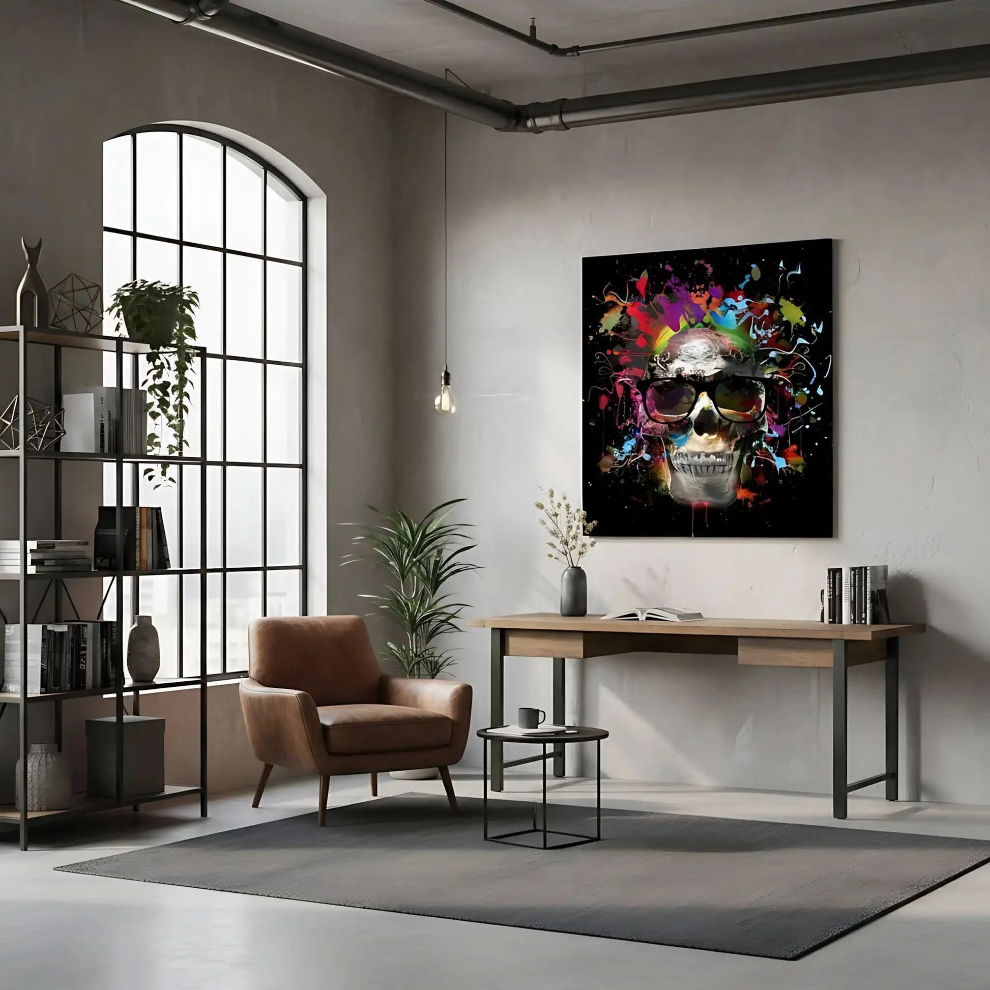 Crâne pop art avec lunettes noires, entouré d'éclaboussures multicolores sur fond noir, ambiance dynamique et moderne.
