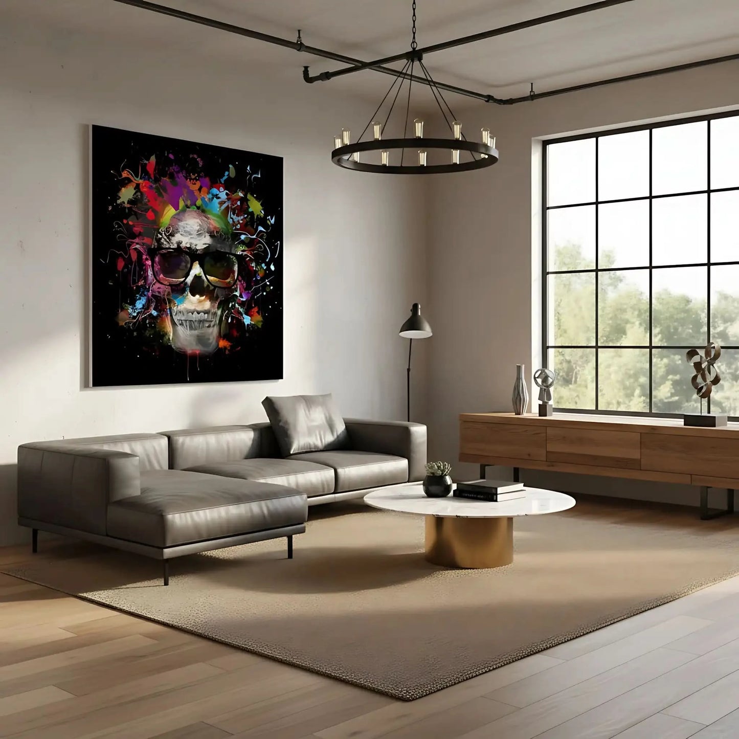 Crâne pop art avec lunettes noires, entouré d'éclaboussures multicolores sur fond noir, ambiance dynamique et moderne.