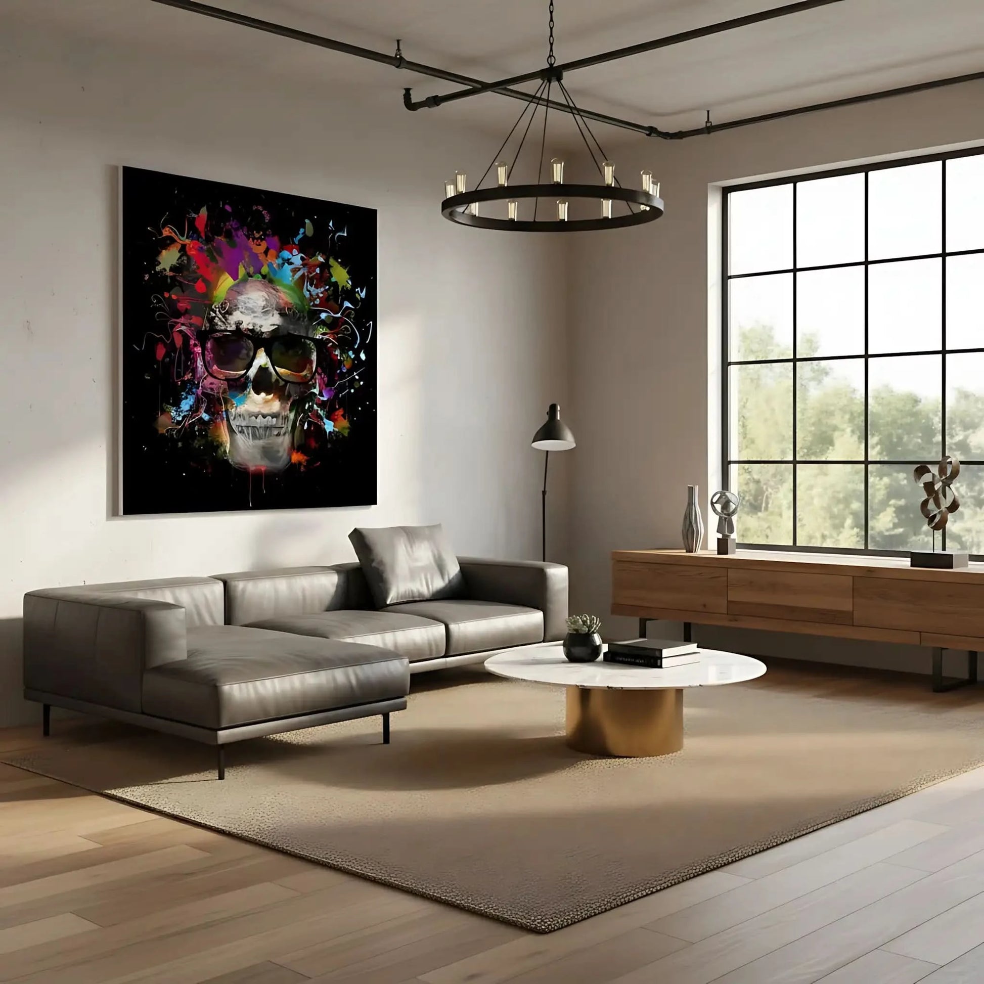 Crâne pop art avec lunettes noires, entouré d'éclaboussures multicolores sur fond noir, ambiance dynamique et moderne.