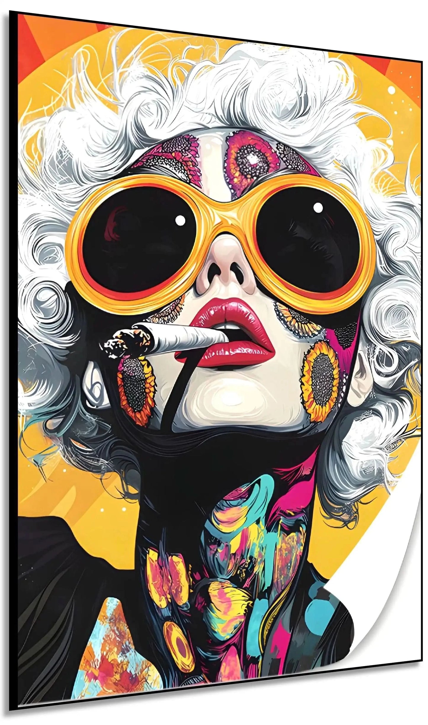 Portrait pop art d'une femme aux cheveux blancs, lunettes orange, motifs floraux et couleurs vives, ambiance énergique.