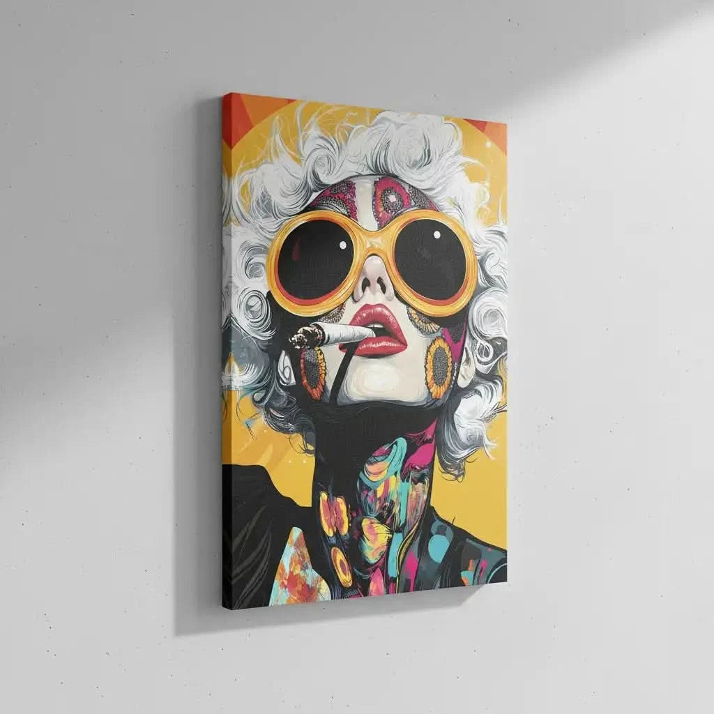 Portrait pop art d'une femme aux cheveux blancs, lunettes orange, motifs floraux et couleurs vives, ambiance énergique.