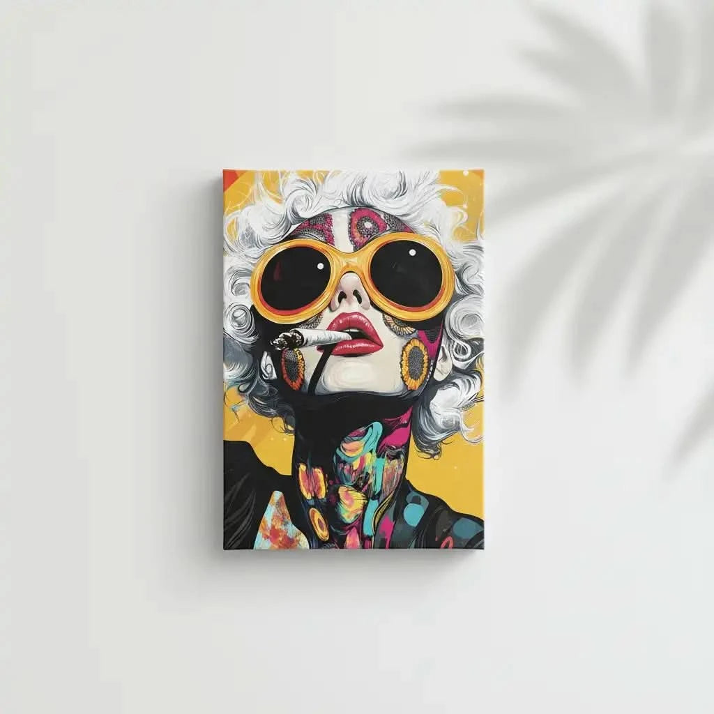 Portrait pop art d'une femme aux cheveux blancs, lunettes orange, motifs floraux et couleurs vives, ambiance énergique.