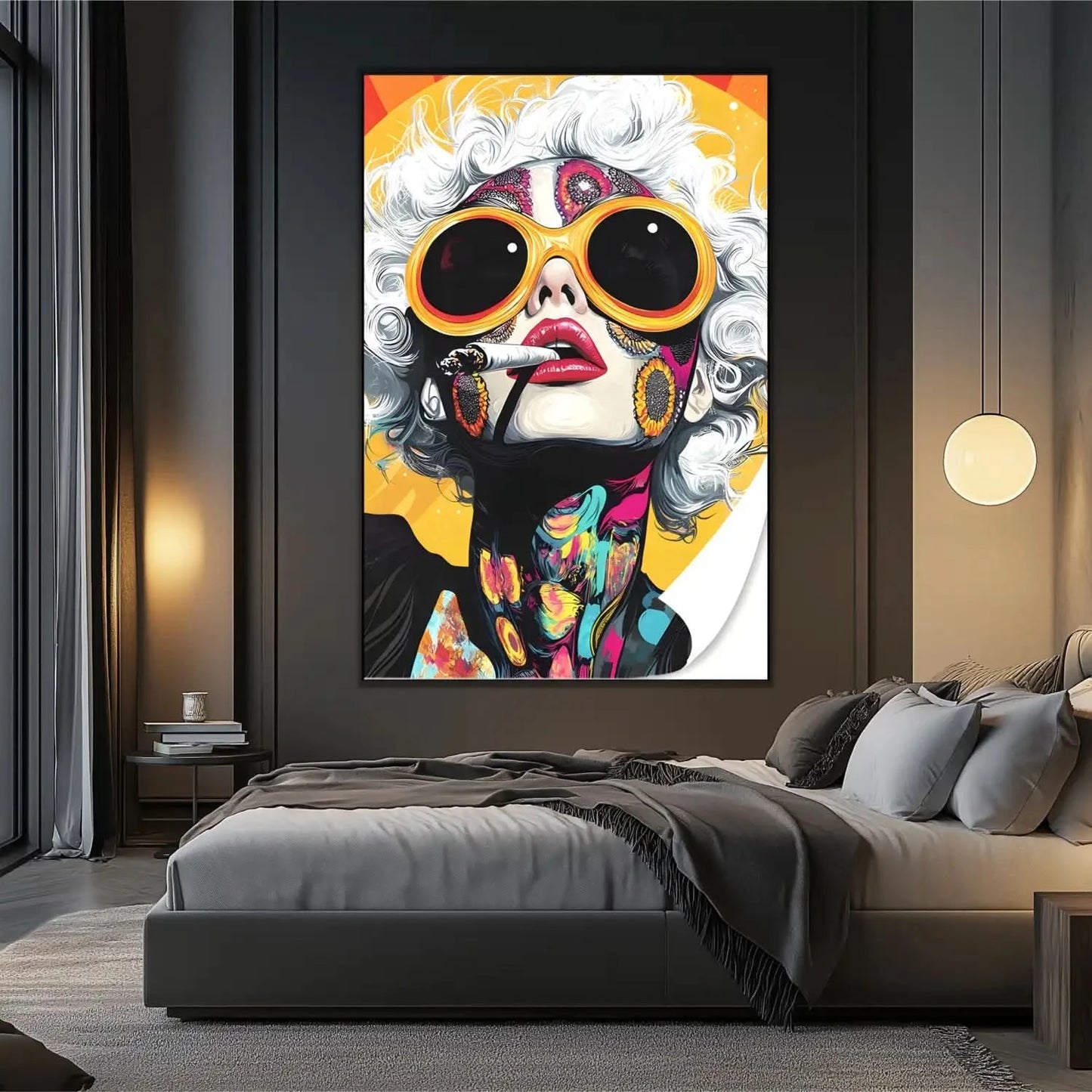 Portrait pop art d'une femme aux cheveux blancs, lunettes orange, motifs floraux et couleurs vives, ambiance énergique.