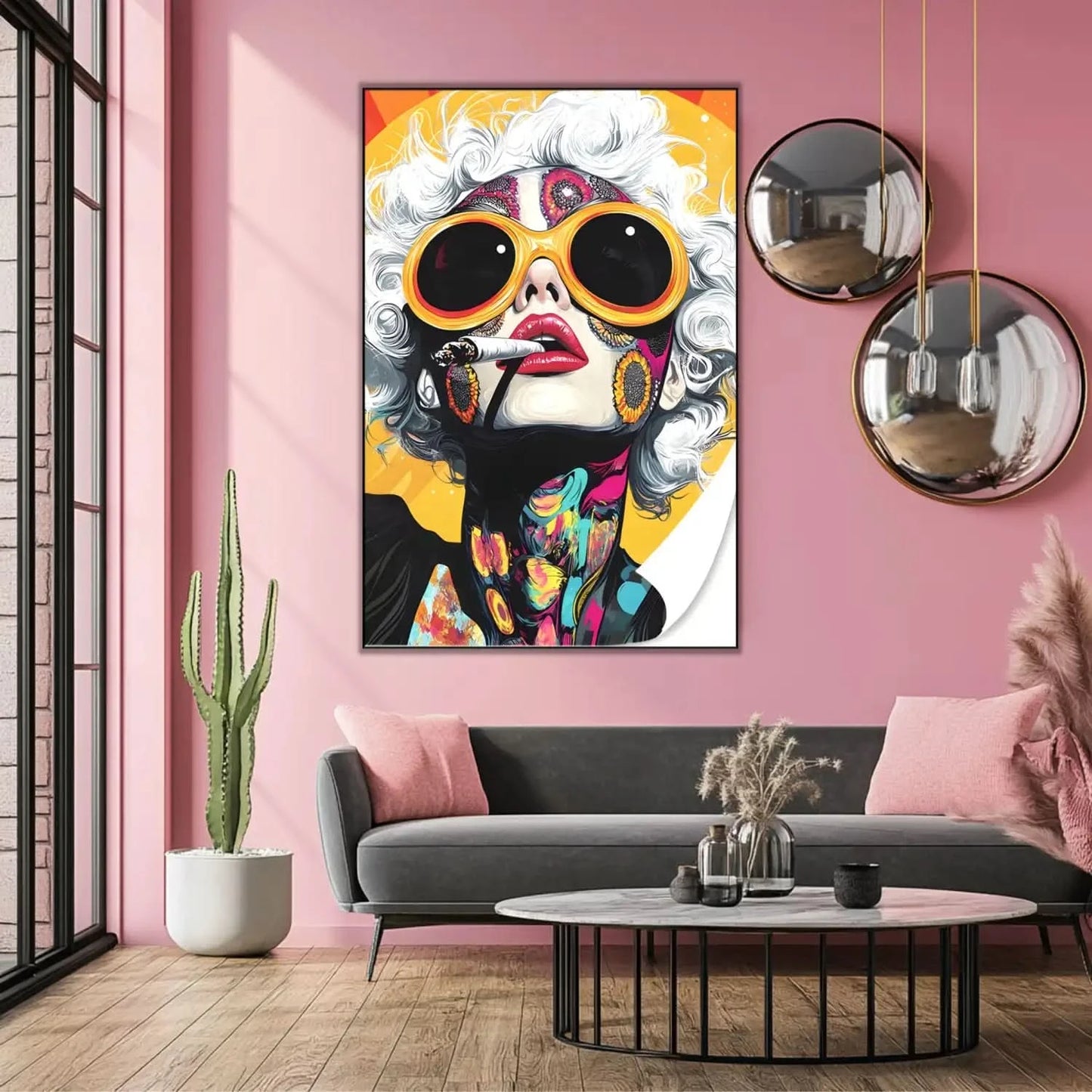 Portrait pop art d'une femme aux cheveux blancs, lunettes orange, motifs floraux et couleurs vives, ambiance énergique.