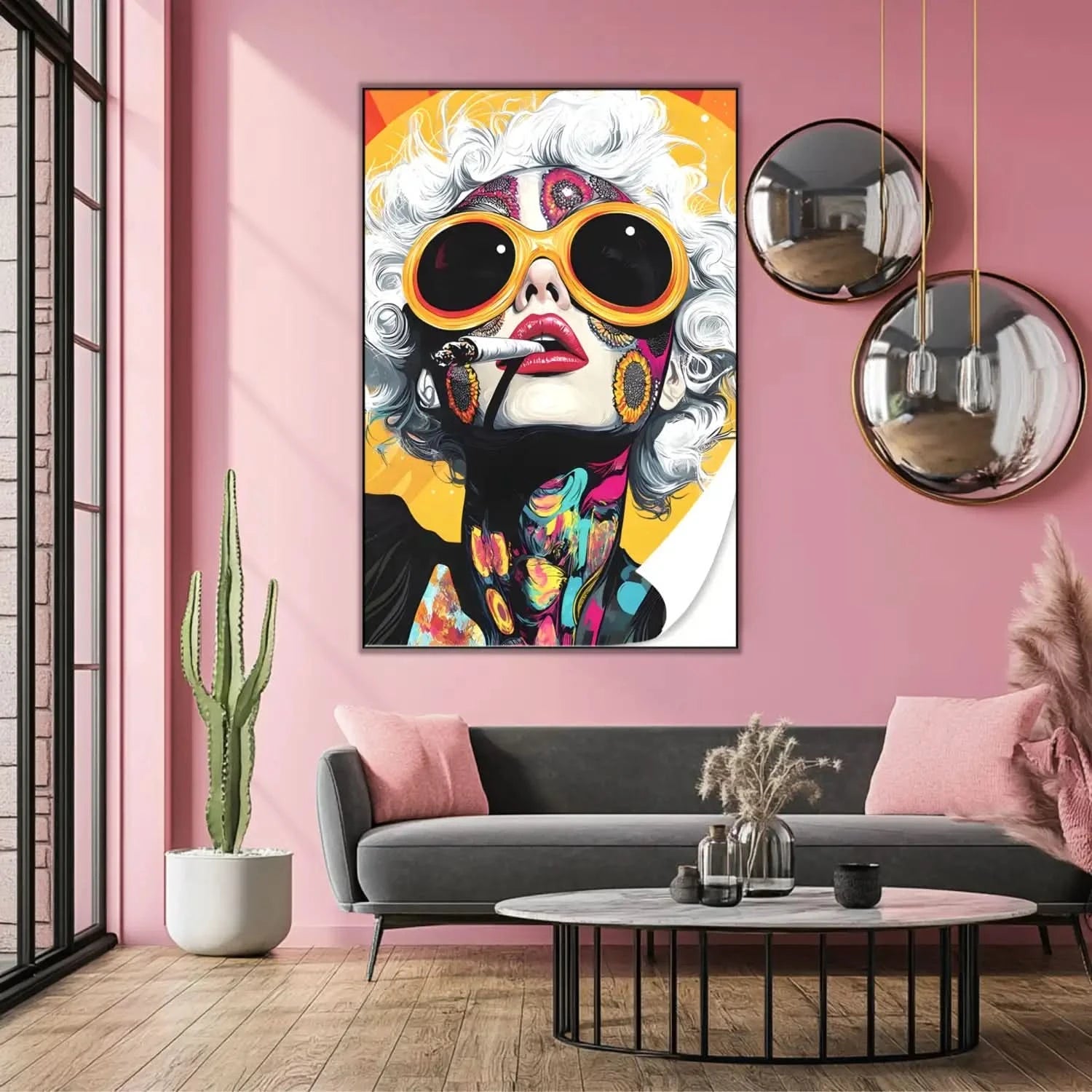 Portrait pop art d'une femme aux cheveux blancs, lunettes orange, motifs floraux et couleurs vives, ambiance énergique.