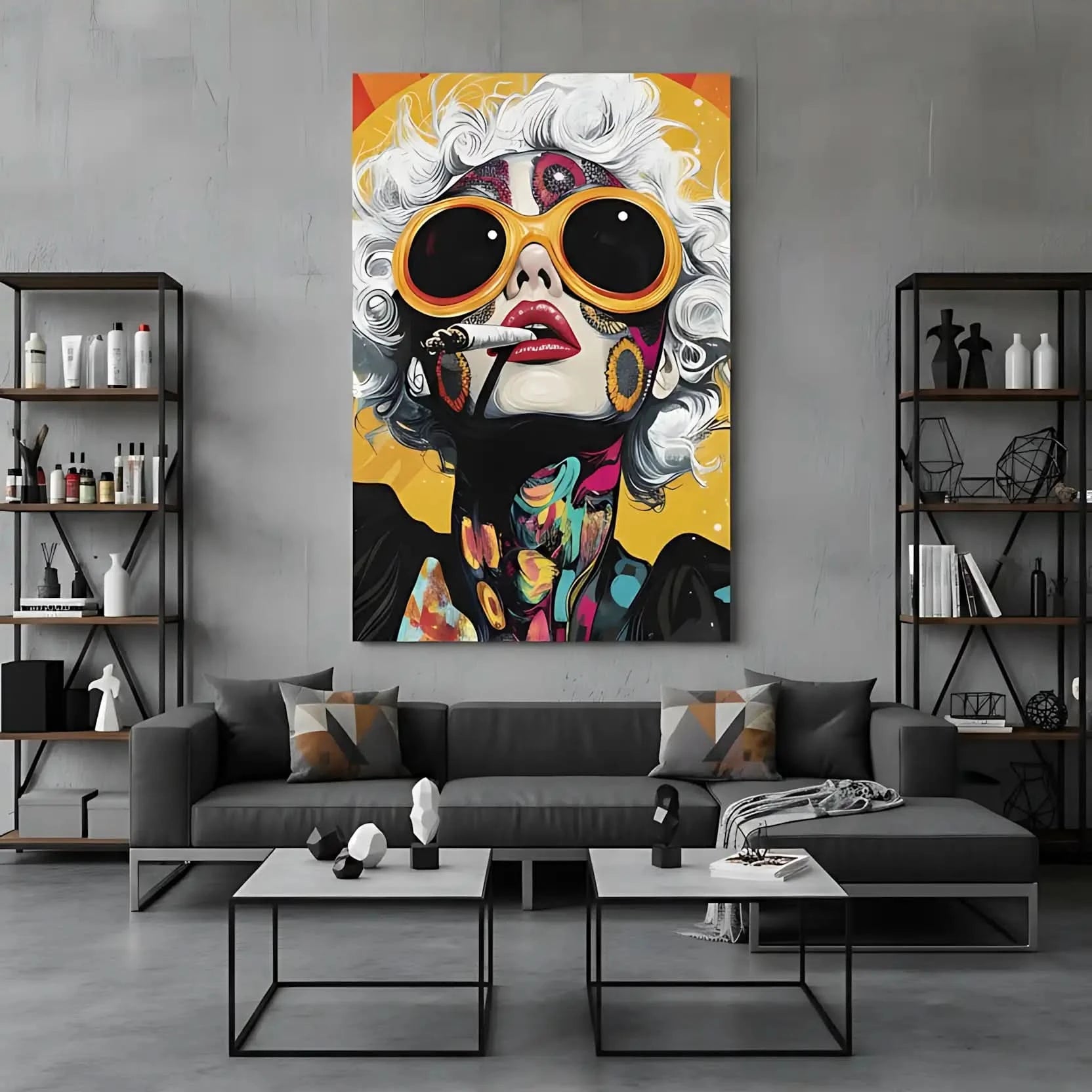 Portrait pop art d'une femme aux cheveux blancs, lunettes orange, motifs floraux et couleurs vives, ambiance énergique.