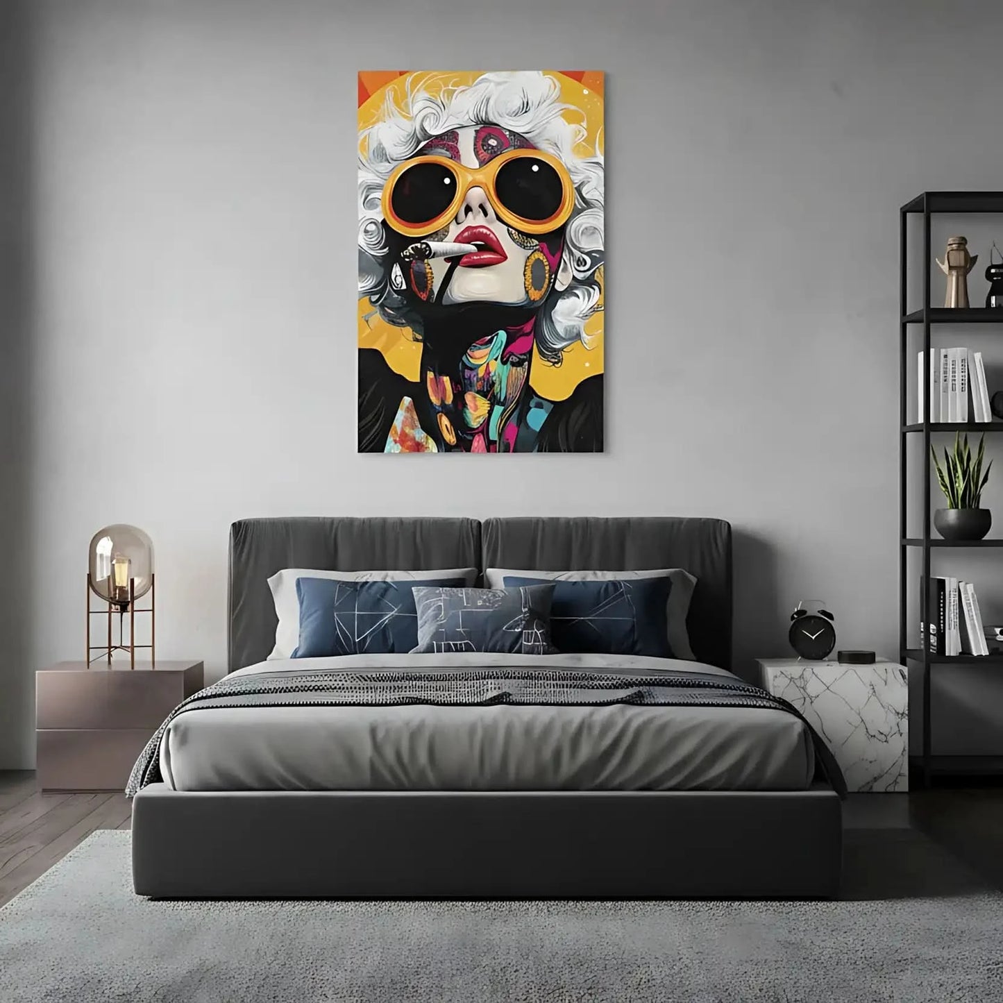 Portrait pop art d'une femme aux cheveux blancs, lunettes orange, motifs floraux et couleurs vives, ambiance énergique.