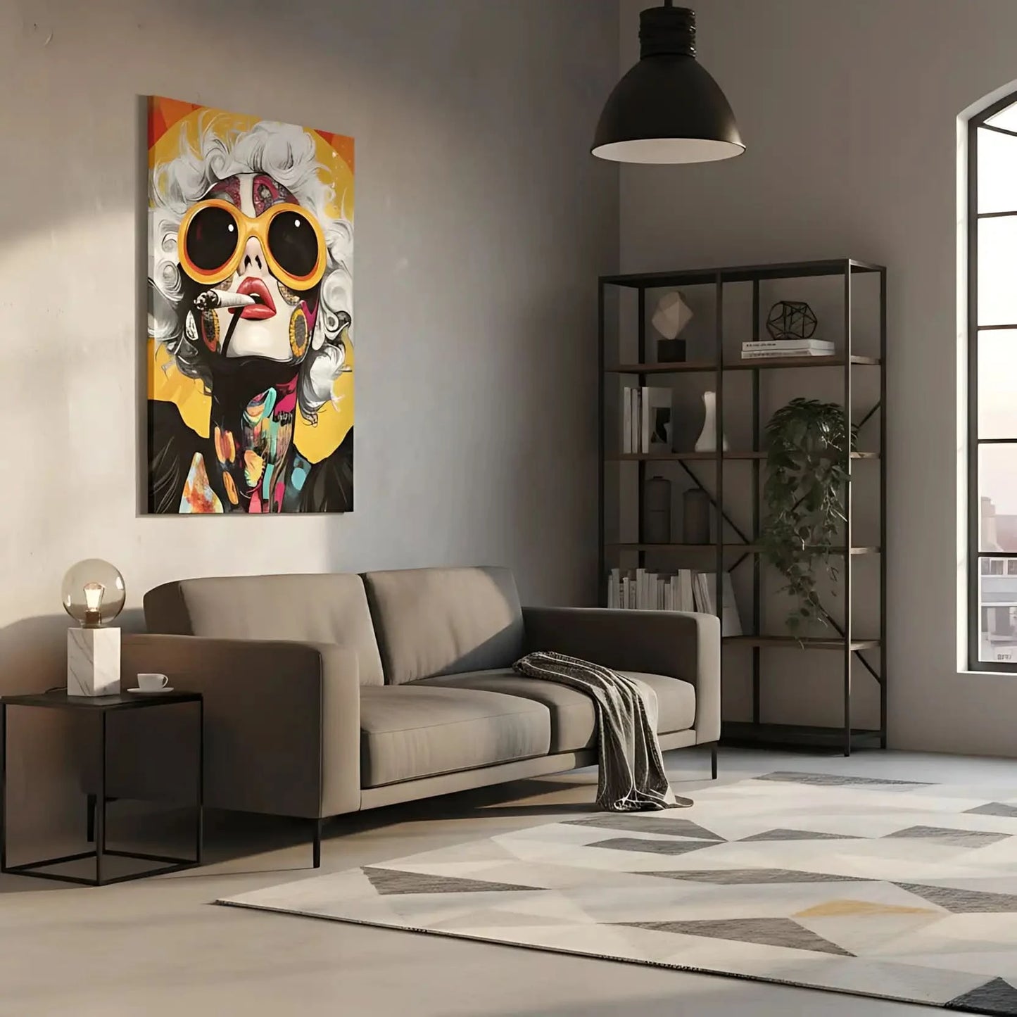 Portrait pop art d'une femme aux cheveux blancs, lunettes orange, motifs floraux et couleurs vives, ambiance énergique.